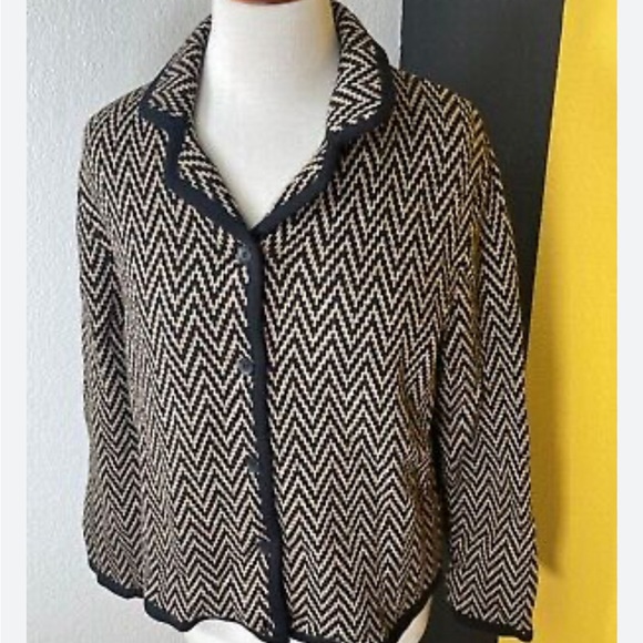 Wool Blend Knit Sweater Cardigan Women’s 1X Brown Black Chevron Lined - Picture 14 of 16